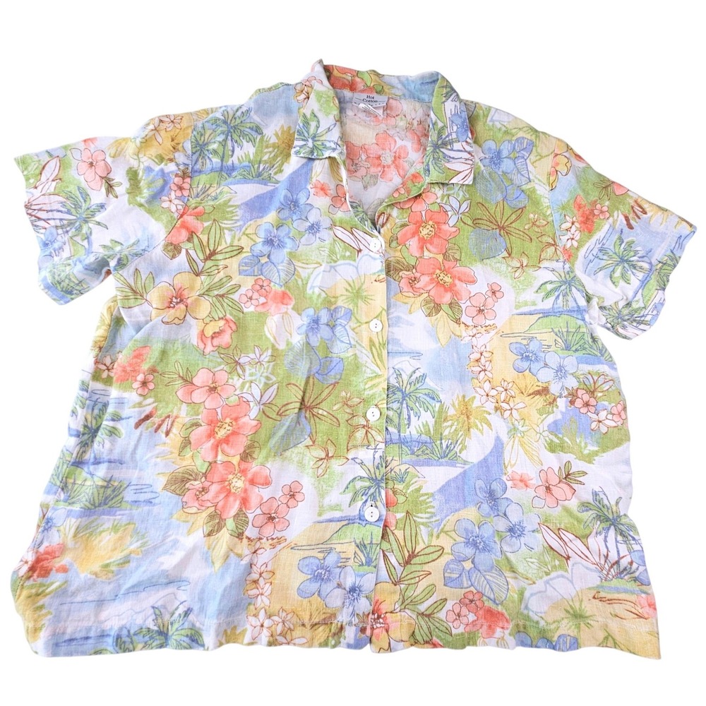 Vintage Hot Cotton Marc Ware 100 Linen Tropical Floral Button Down Shirt XL 0837